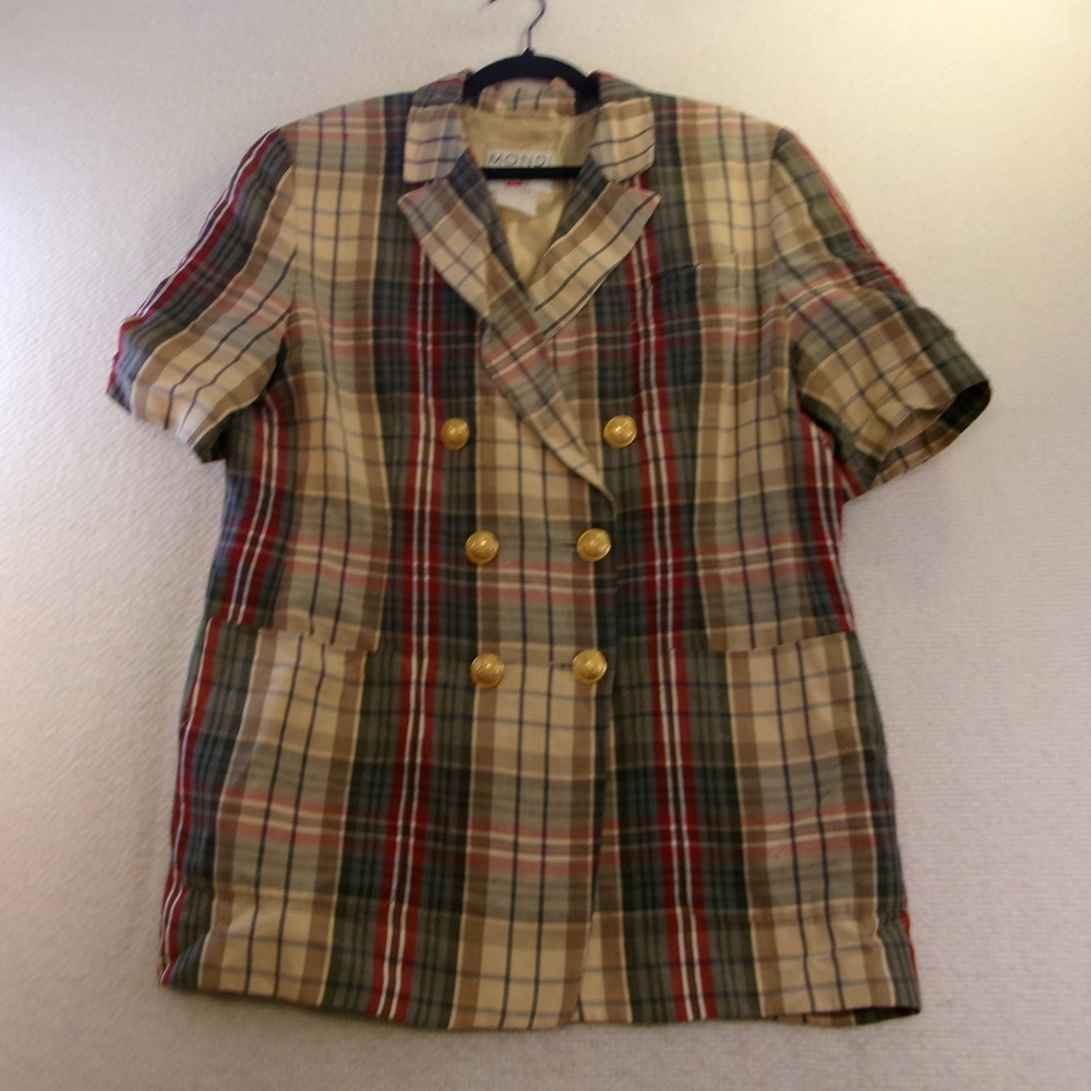Mondi Womens Size L Plaid Short Sleeve Blazer Tan Red Blue Double Breasted Gold‎
